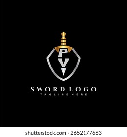 Monograma de luxo carta PV para imagem estilo escudo e espada