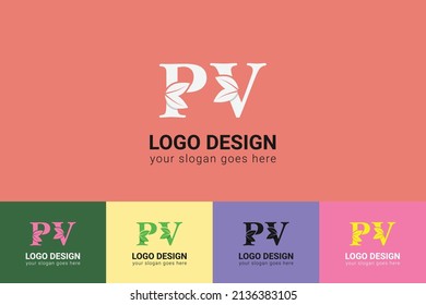 PV letters eco logo with leaf. Vector typeface for nature posters, eco friendly emblem, vegan identity, herbal and botanical cards etc. Ecology PV letters logo with leaf.