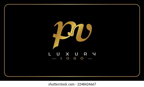 Letras PV diseño de logotipo vectorial de lujo, Color dorado, letra inicial icono de monograma, Aislado sobre fondo negro.