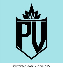 PV Logo featuring a minimalist design with a crown-like flower symbol on top, bold black elements, and a soft blue background, perfect for branding and modern visual identity.