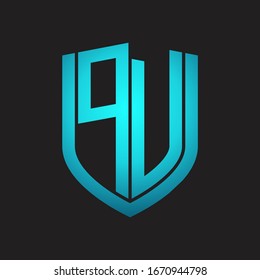 PV Logo monogram with emblem shield design isolated with blue colors on black background