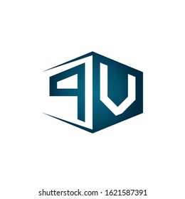 PV monogram logo with hexagon shape and negative space style ribbon design template