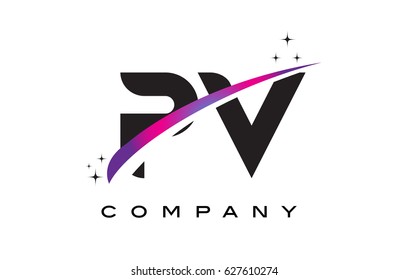 PV P V Black Letter Logo Design with Purple Magenta Swoosh and Stars.