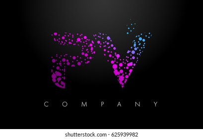 PV P V Letter Logo with Purple Blue Particles and Bubble Dots Design Vector.