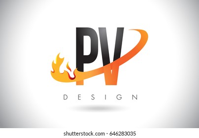 PV P V Letter Logo Design with Fire Flames and Orange Swoosh Vector Illustration.
