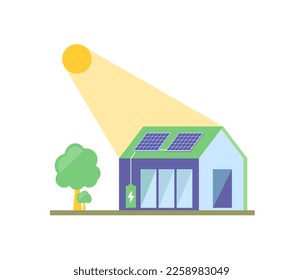 Pv panels on building. Renewable energy panel on house. Sustainable photovoltaic solar energy generation element. Ecological sustainable energy supply. Vector flat.