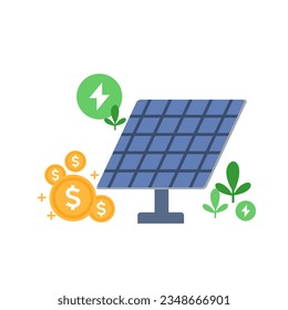 PV panels for saving money in dollars. . Renewable energy concept. Vector illustration isolated on white.