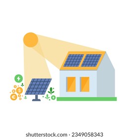 Fotovoltaik-Paneele zur Einsparung von Geld und Umweltkonzept. Konzept der erneuerbaren Energien. Vektorgrafik einzeln auf Weiß.