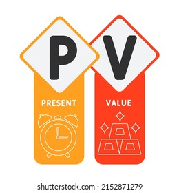 PV - Präsentiere Werteakronym. Hintergrund des Unternehmenskonzepts.  Vektorgrafik-Konzept mit Schlagwörtern und Symbolen. Buchstabengrafik mit Symbolen für Webbanner, Flyer, Landing Page