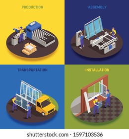 PVC glass window production concept 4 isometric compositions with manufacturing assembling transportation installation colorful background vector illustration 