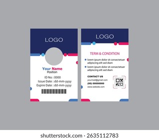  Modelo de cartão de ID moderno de PVC perfeito para fins corporativos, educacionais, de negócios, de empresa, de escritório, de equipe ou de evento. Este design apresenta um layout profissional com campos personalizáveis.

