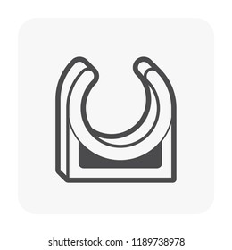 PVC pipe clamp vector icon. Also called clip lock, hanger, U-Hook, support or holder. Plumbing part for laying, installation, hang or fixed pipe in position. Mounting screws on wall, floor or ceiling.