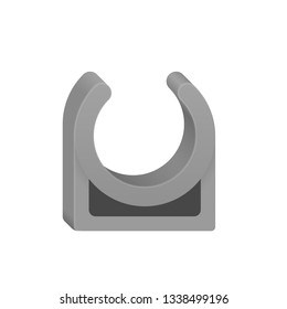 PVC pipe clamp vector icon. Also called clip lock, hanger, U-Hook, support or holder. Plumbing part for laying, installation, hang or fixed pipe in position. Mounting screws on wall, floor or ceiling.