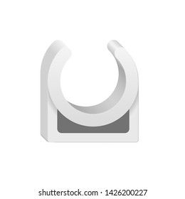PVC pipe clamp vector icon. Also called clip lock, hanger, U-Hook, support or holder. Plumbing part for laying, installation, hang or fixed pipe in position. Mounting screws on wall, floor or ceiling.