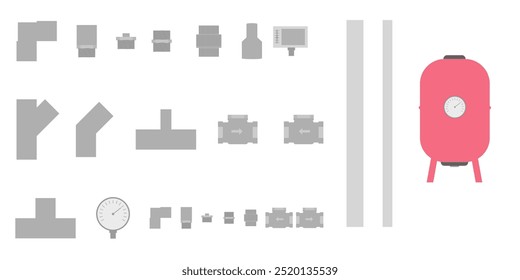 PVC pipe connection. Knee, T, Y, one way valve, pressure gauge, pressure control, pressure tank, male adapter, reducing coupling. templates, assets, plumbing. Vector
