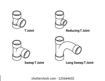 PVC pipe fittings: a selection of T joints. Line version.