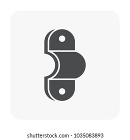 PVC pipe strap vector icon. Also called tension clip, pipe clamp, bracket, fasten holder, clip lock and hanger. Plumbing part for laying, installation, hang or fixed pipe in position. Mounting screw.