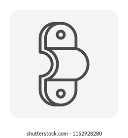 PVC pipe strap vector icon. Also called tension clip, pipe clamp, bracket, fasten holder, clip lock and hanger. Plumbing part for laying, installation, hang or fixed pipe in position. Mounting screw.