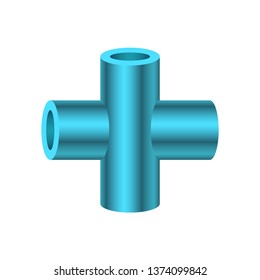 PVC plastic pipe fitting or pipe connector vector icon. 4-way cross. Consist of slip socket opening 4 end. Part for connection pipe to DIY built frame structure  to support table, shelf or furniture.