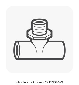 PVC plastic pipe fitting vector icon. 3 way (tee) male. Slip socket opening 2 end (solvent weld) and 1 male thread. Part for pipeline system, plumbing, drainage, vent, waste, sewage and water supply.