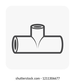 PVC plastic pipe fitting vector icon. 3 way (tee) reducer. Consist of slip socket opening 3 end (solvent weld). Installation part for pipeline, plumbing, drainage, vent, waste, sewage and water supply