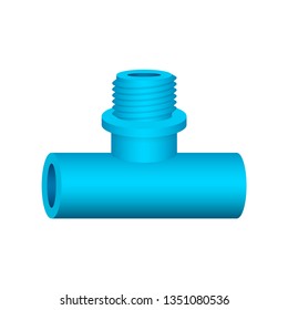 PVC plastic pipe fitting vector icon. 3 way (tee) male. Slip socket opening 2 end (solvent weld) and 1 male thread. Part for pipeline system, plumbing, drainage, vent, waste, sewage and water supply.