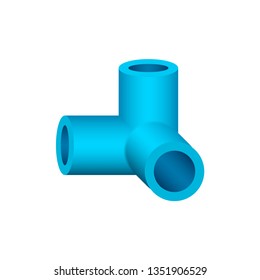 PVC plastic pipe fitting vector icon. 90 degree side outlet ell or corner fitting. Consist of slip socket opening 3 end. Part for frame or structure to build box, cube, desk, table or furniture.