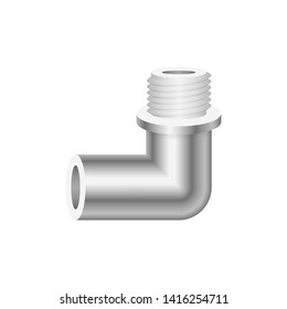 PVC or plastic pipe fitting vector icon. 90 degree elbow adapter type consist of slip socket opening one end and male NPT thread. Part for pipeline system, plumbing, drainage, vent and water supply.