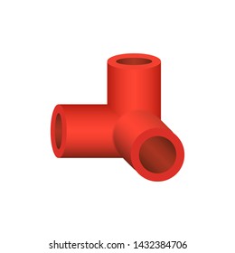 PVC plastic pipe fitting vector icon. 90 degree side outlet ell or corner fitting. Consist of slip socket opening 3 end. Part for frame or structure to build box, cube, desk, table or furniture.