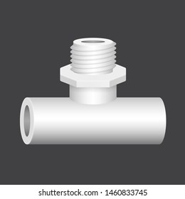 PVC plastic pipe fitting vector icon. 3 way (tee) male. Slip socket opening 2 end (solvent weld) and 1 male thread. Part for pipeline system, plumbing, drainage, vent, waste, sewage and water supply.