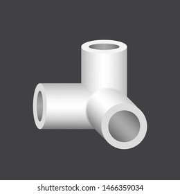 PVC plastic pipe fitting vector icon. 90 degree side outlet ell or corner fitting. Consist of slip socket opening 3 end. Part for frame or structure to build box, cube, desk, table or furniture.