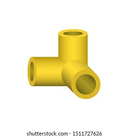 PVC plastic pipe fitting vector icon. 90 degree side outlet ell or corner fitting. Consist of slip socket opening 3 end. Part for frame or structure to build box, cube, desk, table or furniture.