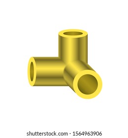 PVC plastic pipe fitting vector icon. 90 degree side outlet ell or corner fitting. Consist of slip socket opening 3 end. Part for frame or structure to build box, cube, desk, table or furniture.