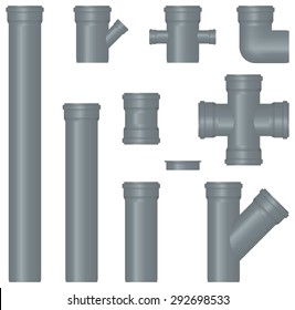 PVC sewer pipes gray. Vector Illustration isolated on white background.