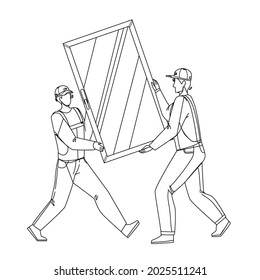 Pvc Window Carrying Men For Installing Black Line Pencil Drawing Vector. Construction Workmen Carefully Carry Pvc Window For Install Or Replacement. Characters Professional Occupation Illustration