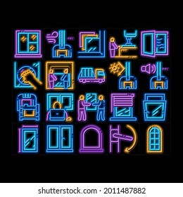 Pvc Window Frames neon light sign vector. Glowing bright icon  Pvc Window Architectural Glass Building Detail And Handle, Carrying Truck And Jalousie Illustrations