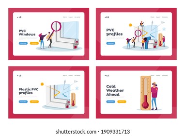 Pvc Window Profile Installation Landing Page Template. Tiny Characters at Huge Vinyl Frame with Thermometer, Magnifier and Instrument for Measuring Temperature. Cartoon People Vector Illustration