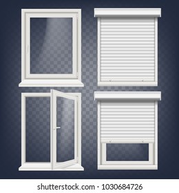 PVC Window Vector. Rolling Shutters. Opened And Closed. Front View. Open Plastic Glass Window. Isolated On Transparent Background Realistic Illustration