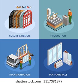 Pvc windows isometric concept with colors and design materials production and transportation isolated vector illustration 