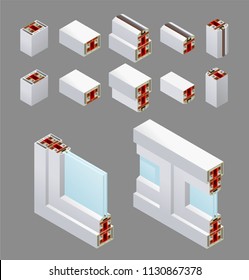 Pvc windows isometric frame elements in cut with glass isolated on grey background vector illustration 