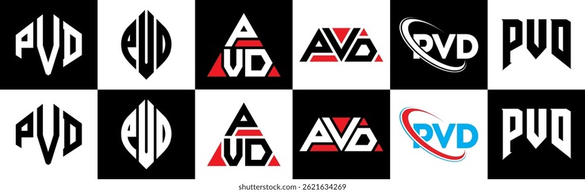 PVD letter logo design in six style. PVD polygon, circle, triangle, hexagon, flat and simple style with black and white color variation letter logo set in one artboard. PVD minimalist and classic logo