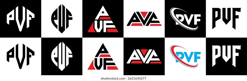 PVF letter logo design in six style. PVF polygon, circle, triangle, hexagon, flat and simple style with black and white color variation letter logo set in one artboard. PVF minimalist and classic logo