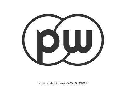 PW business company emblem with outline rounds and letters p w. Logo template of two merged circles for brand identity, logotype. Vector Infinity symbol  and technology sign.