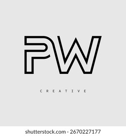 PW Creative Letter Logo - Monograma de linha mínima em contorno preto para design de identidade de marca moderno.
