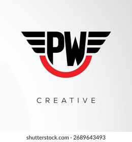 PW Creative Wings Letter Logo with Modern Shield - Powerful Business and Branding Symbol	
