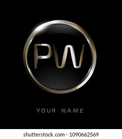 PW initial letters with circle elegant logo golden silver black background