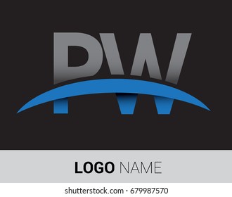 PW initial logo company name colored grey and blue swoosh design.