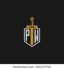 Monograma inicial de PW para imagem em estilo escudo e espada