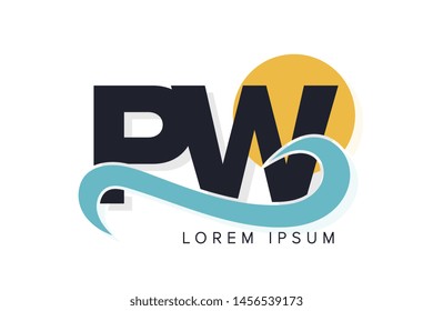 PW letter logo with ocean waves and sunset. Beach concept design