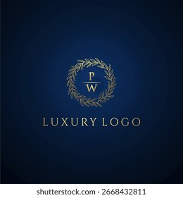 Boda de lujo del monograma de la letra de PW con oro creativo de la hoja del círculo